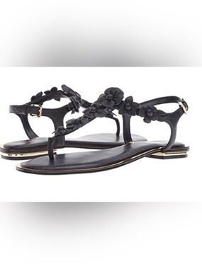 Michael Kors Tricia Black Floral Leather T-Strap Sandals Gold Trim 8.5